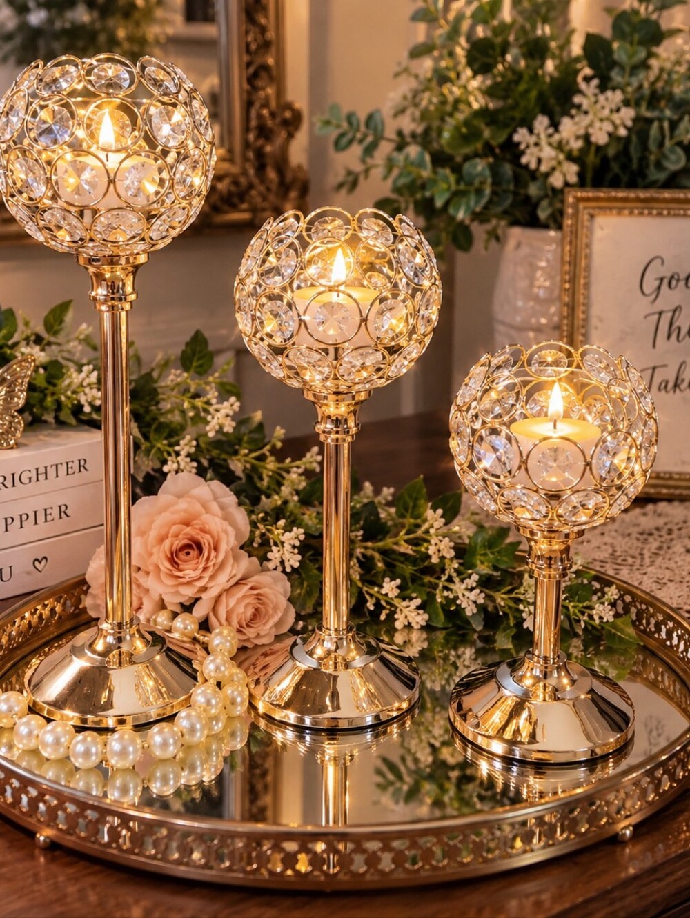Set of 3 Gold Crystal Rhinestone Pedestal Candle Holders Graduated Glam Decor